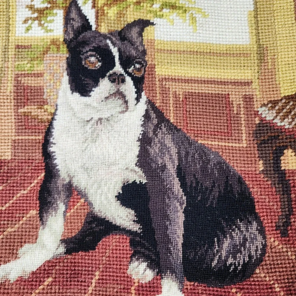 Boston Terrier Needlepoint Throw Pillow cover Wool Tassel Fringe Velvet 16x16